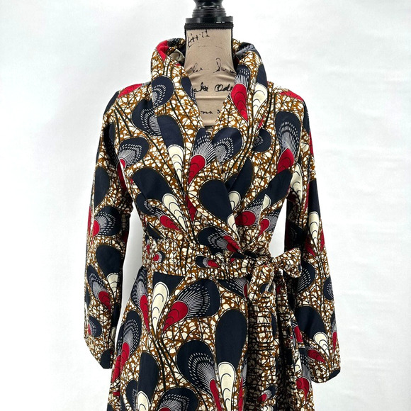Ray Darten Omoefe African Print Wrap Jacket Dress Womens L Navy Red Ethnic Boho - Picture 4 of 12